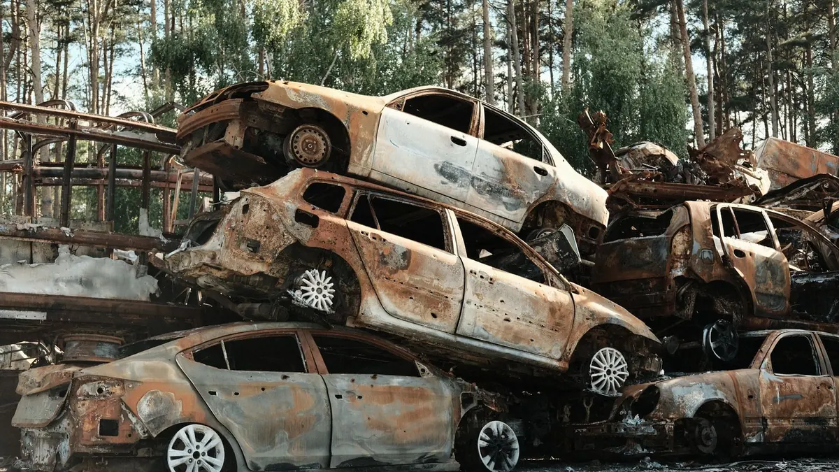 Épaves de voitures entassées dans une casse en forêt